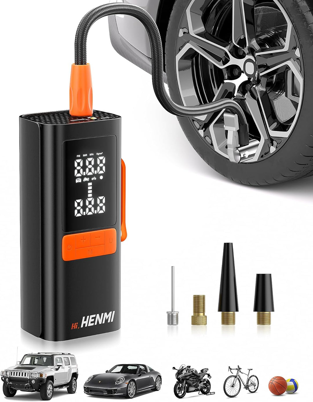 HENMI Elektrische Luftpumpe, Akku Luftpumpe Auto mit alle ventile (10,3-11,7 Bar), 7500-18000 mAh Fahrradpumpe Elektrisch mit Digitalanzeige Manometer