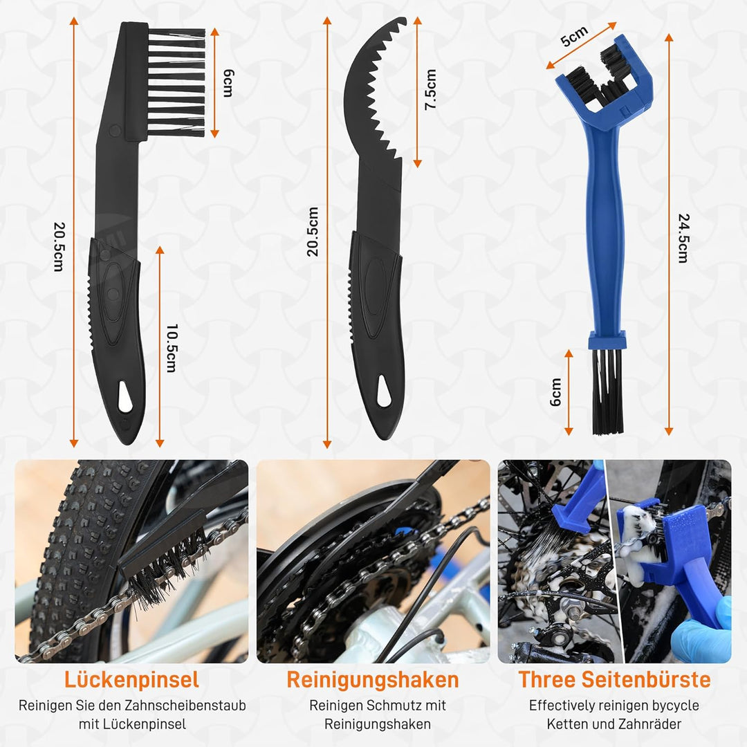 HENMI Fahrrad Reinigungsset, 7 in 1 Kettenreiniger Fahrradkette Set mit Fahrradreiniger 500ml + Fahrradkettenöl 100ml Clean Fit für Fahrradkette/Kurbel/Reifen/Radfahren Ecke Fleck für Alle Fahrräder