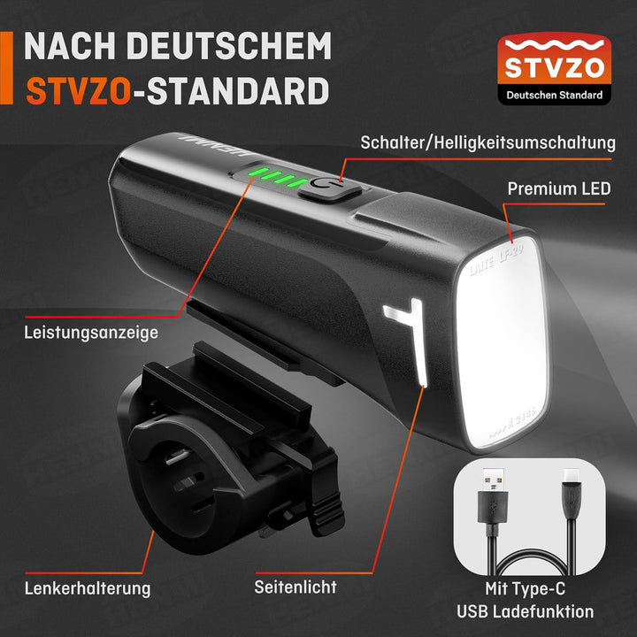 HENMI Led Fahrradlicht Vorne Akku 60/15 LUX, StVZO Zugelassen Fahrradlampe Vorne Aufladbar mit Akkuwarnungsfunktion, IPX5 Wasserdicht Fahrrad licht mit USB C Fahrradbeleuchtung