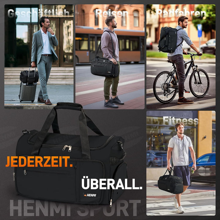 HENMI 43L Sporttasche & Reisetasche für Herren und Damen Groß gymbag mit Schuhfach & Nassfach, Faltbare Gym Tasche für Sport und Travel.Sport Tasche, Fitness Rucksack Trainingstasche