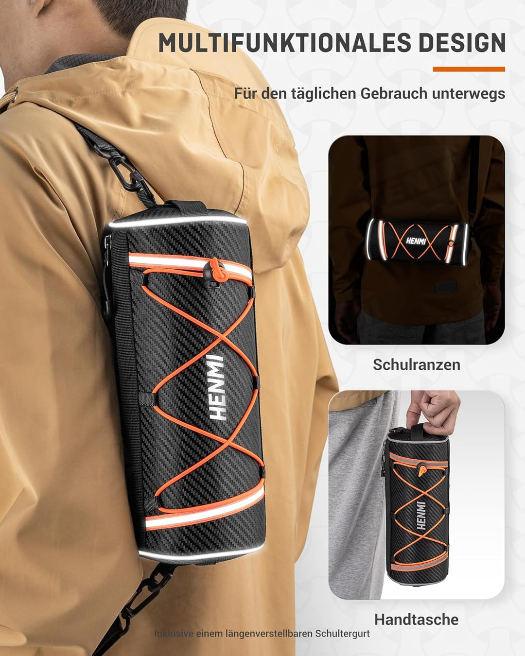 HENMI Lenkertasche Fahrrad Wasserdicht, Fahrradtasche Lenker für E-Bike, MTB, Rennrad, Lenkertasche Rennrad mit Schultergurt ca.2,4L (Orange)