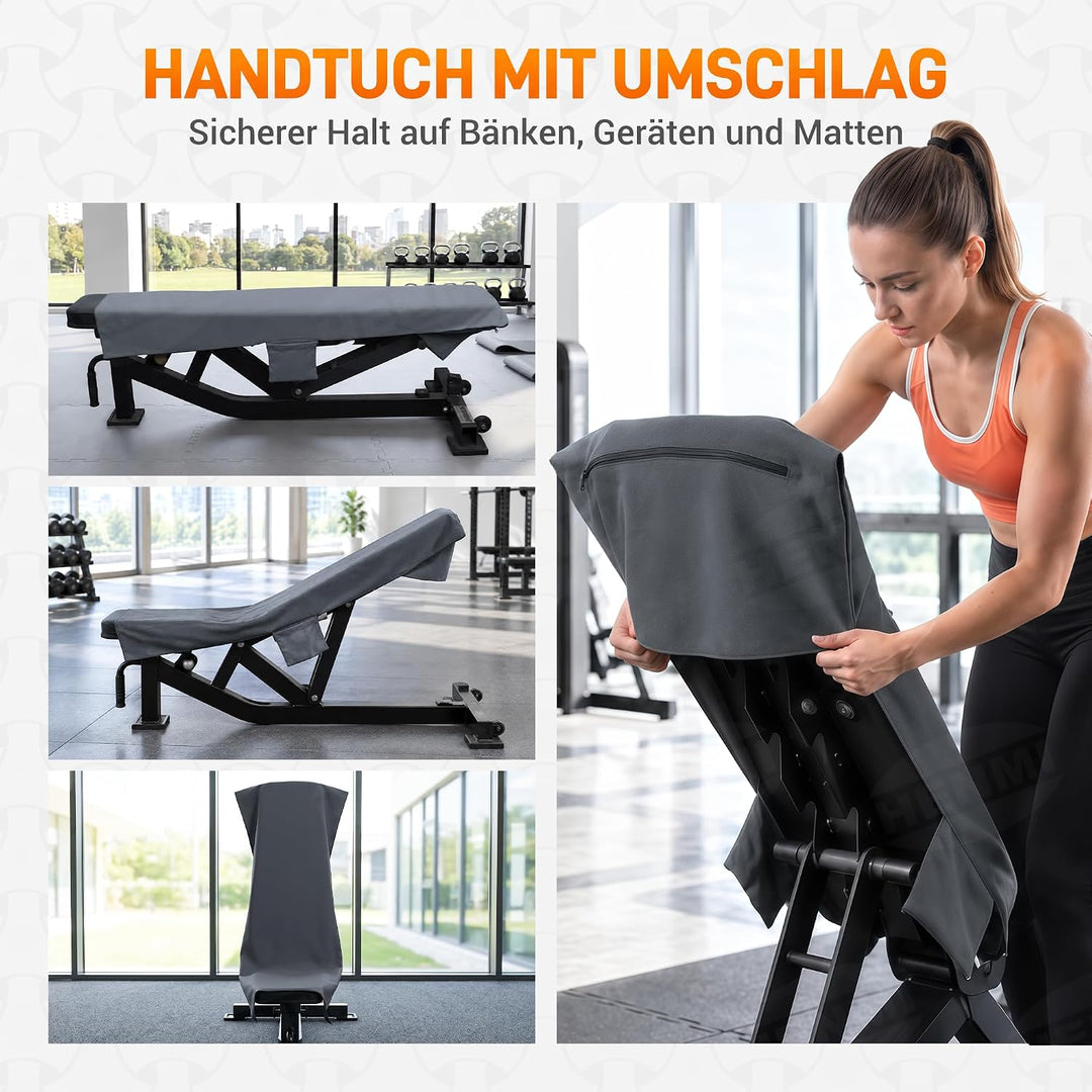 HENMI Fitness Handtuch Mikrofaser 131*50 cm Kompakt & schnelltrocknend, Reißverschluss, Seitentaschen, atmungsaktiver Netzbeutel – ideal fürs Fitnessstudio