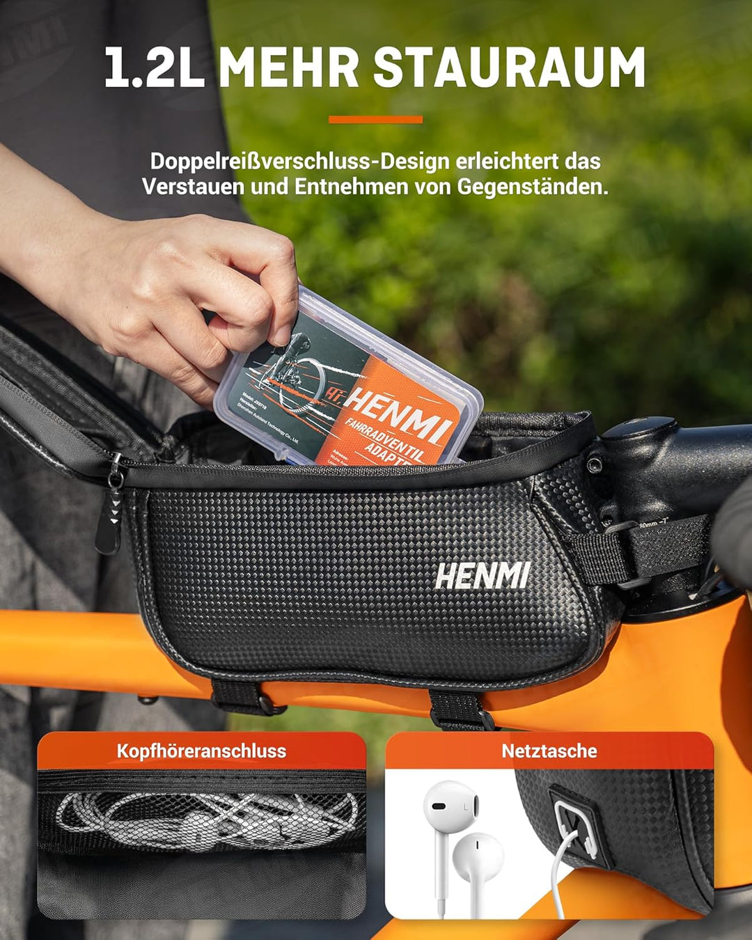 HENMI Rahmentasche Fahrrad, Oberrohrtasche Rennrad 1,2L Wasserdicht Handytasche Fahrrad bis zu 7 Zoll für Ebike, Gravelbike, Rennrad, MTB