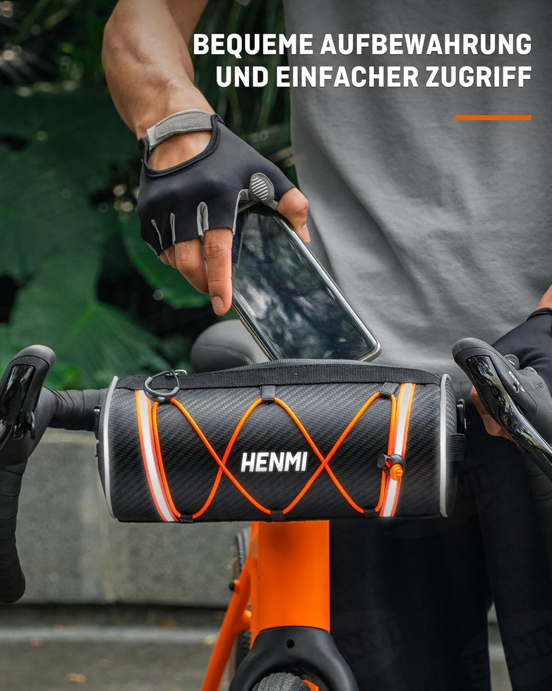 HENMI Lenkertasche Fahrrad Wasserdicht, Fahrradtasche Lenker für E-Bike, MTB, Rennrad, Lenkertasche Rennrad mit Schultergurt ca.2,4L (Orange)