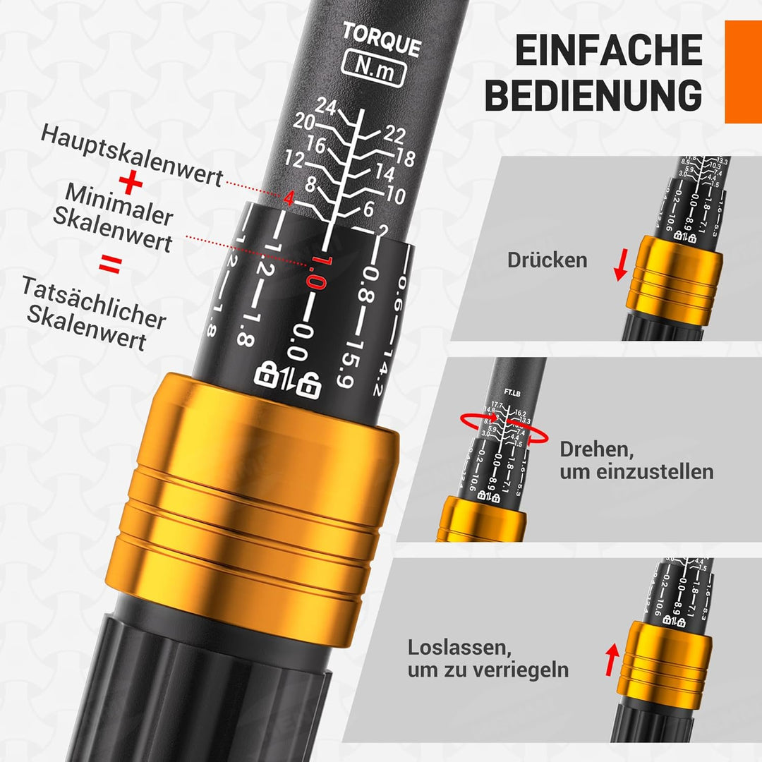 HENMI Drehmomentschlüssel Fahrrad 2-24 Nm, Drehmomentschlüssel 1/4 Zoll für Fahrrad & Motorrad, Torque Wrench Set mit 72 Zähne Ratsche, ±3% Fehlergenauigkeit, Inklusive 13 Bits & Verlängerungsstange