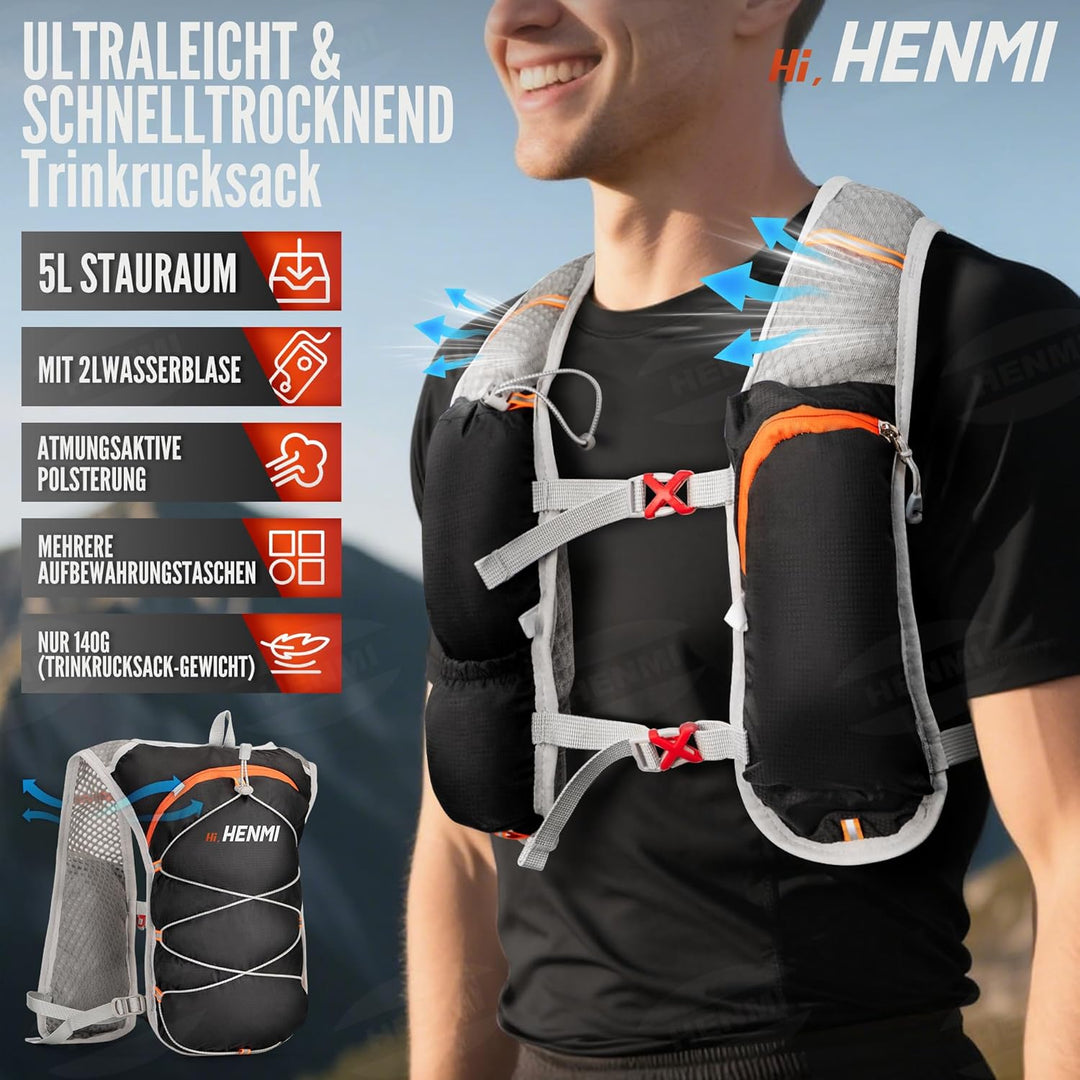 HENMI Trinkrucksack mit 2L Wasserblase,Verstellbare Laufweste Reflektierender Laufrucksack für Damen & Herren Läufe,Jogging,Radfahren