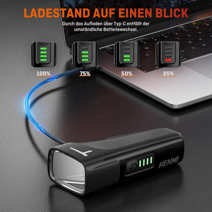 HENMI Led Fahrradlicht Vorne Akku 60/15 LUX, StVZO Zugelassen Fahrradlampe Vorne Aufladbar mit Akkuwarnungsfunktion, IPX5 Wasserdicht Fahrrad licht mit USB C Fahrradbeleuchtung