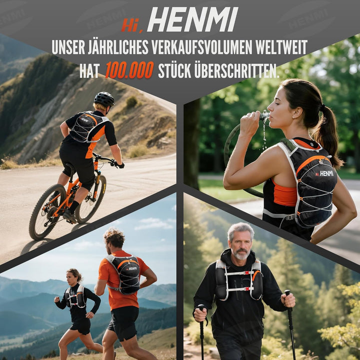 HENMI Trinkrucksack mit 2L Wasserblase,Verstellbare Laufweste Reflektierender Laufrucksack für Damen & Herren Läufe,Jogging,Radfahren