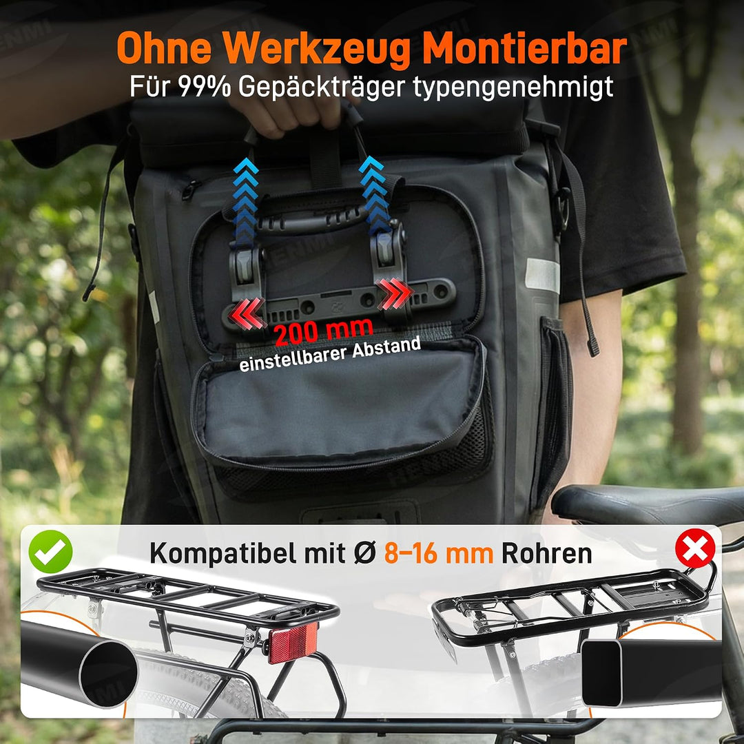 HENMI 3 in1 Fahrradtasche 28L Fahrradtaschen Gepäckträger mit Wasserdicht und Reflektierend, Geeignet als Gepäckträgertasche, Rucksack, Umhängetasche