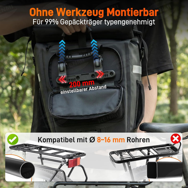 HENMI 3 in1 Fahrradtasche 28L Fahrradtaschen Gepäckträger mit Wasserdicht und Reflektierend, Geeignet als Gepäckträgertasche, Rucksack, Umhängetasche