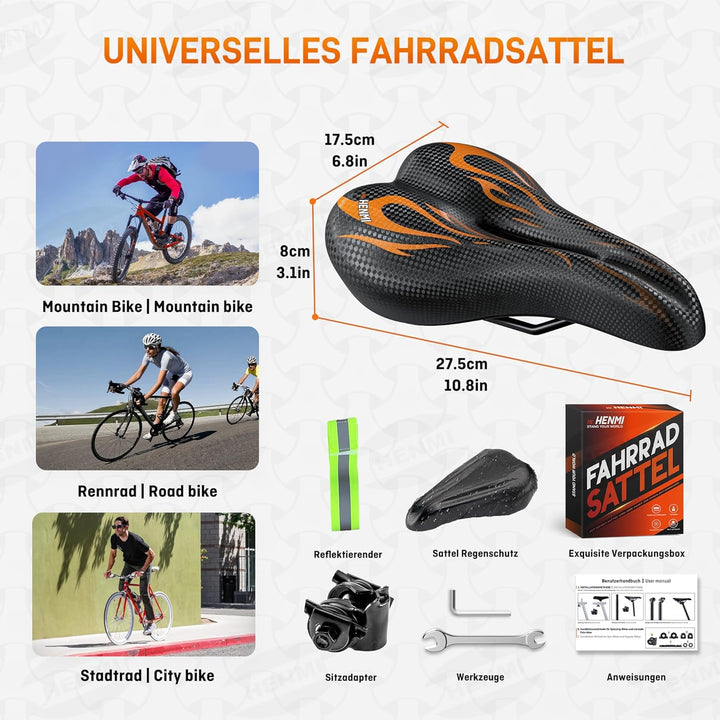 HENMI Fahrradsattel Herren Damen Weicher, Komfortabel Atmungsaktiv Stoßdämpfend Ergonomisch Fahrrad Sattel für Mountainbike MTB Trekking E-Bike Rennrad Fahrradsitz