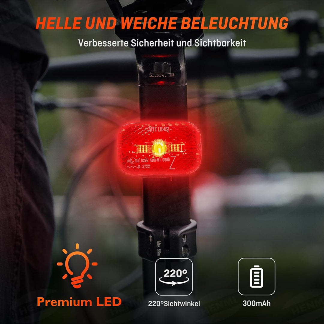 HENMI LED Rücklicht Fahrrad, IPX5 Wasserdicht Fahrrad Reflektor Hinten USB-C Aufladbar, StVZO zugelassen Fahrrad rücklicht mit bremslichtt für MTB, E-Bike, Rennrad