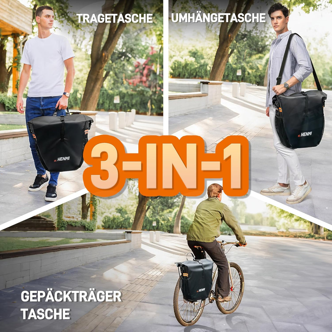 HENMI Fahrrad Gepäckträgertasche Wasserdicht, 37L Fahrradtaschen für Gepäckträger mit Tragegriff und Schultergurt, 3 in 1 Fahrradtasche Rucksack, Schwarz