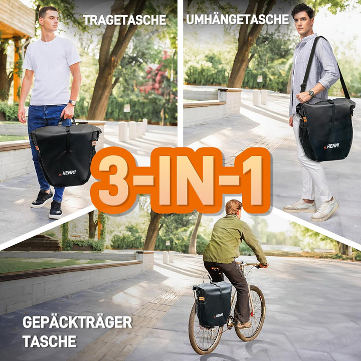 HENMI Fahrrad Gepäckträgertasche Wasserdicht, 37L Fahrradtaschen für Gepäckträger mit Tragegriff und Schultergurt, 3 in 1 Fahrradtasche Rucksack, Schwarz