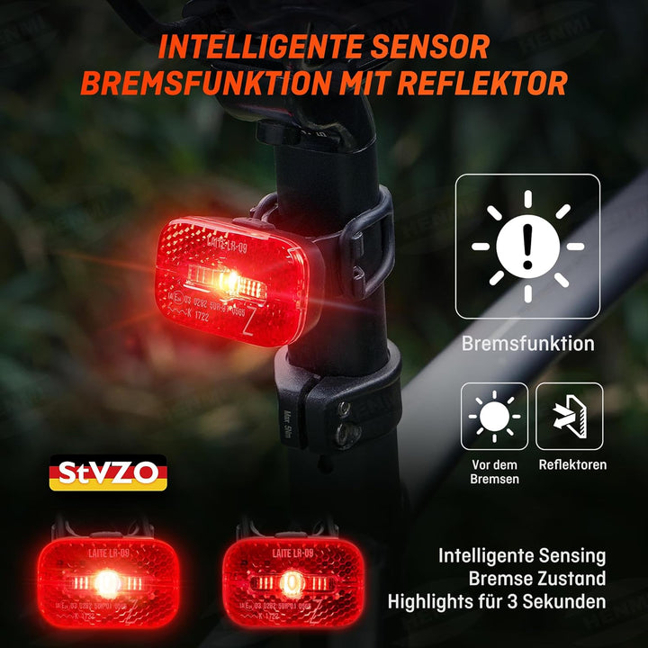 HENMI LED Rücklicht Fahrrad, IPX5 Wasserdicht Fahrrad Reflektor Hinten USB-C Aufladbar, StVZO zugelassen Fahrrad rücklicht mit bremslichtt für MTB, E-Bike, Rennrad