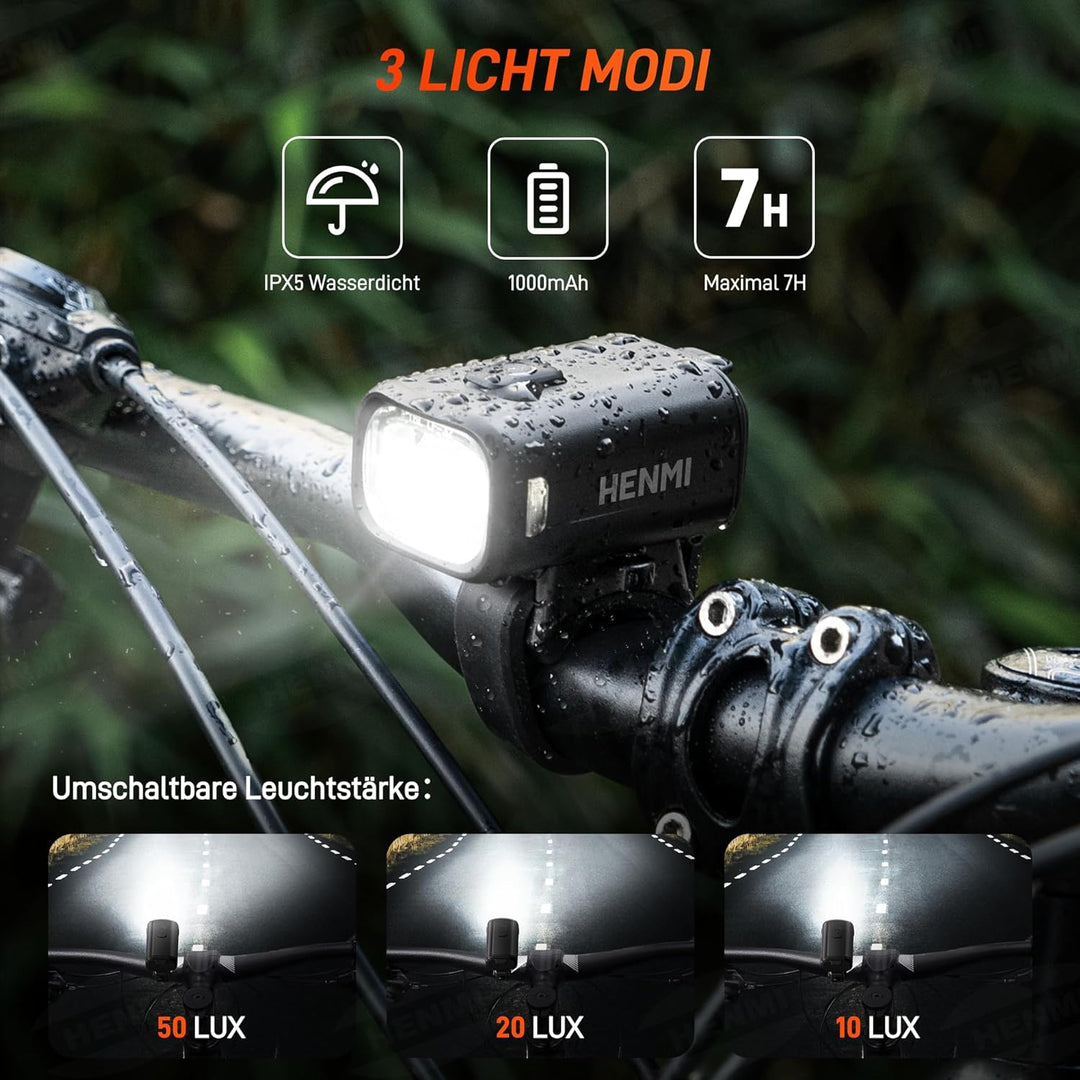 HENMI LED Fahrradleuchten Set, USB Aufladbar Fahrradlicht LED Set,Stvzo Zugelassen Fahrradlicht Vorne und Rücklicht Fahrrad,IPX5 Wasserdicht