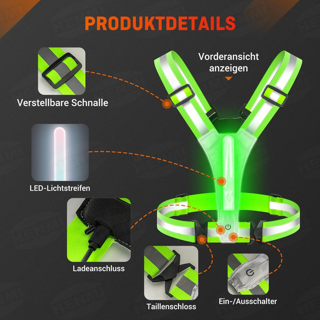 HENMI LED Warnweste mit 2 Reflektorbänder-Grün Fahrrad,Reflektoren Laufweste,Verstellbarer Elastische LED Leuchtweste für Radfahren oder Wandern Joggen Laufen Running