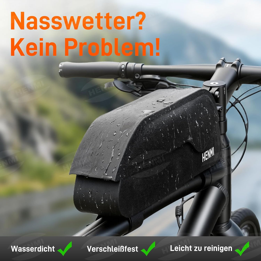 HENMI Oberrohrtasche Fahrrad 1,5 Liter, Fahrrad Rahmentasche Wasserdicht mit Magnetverschluss Oberrohrtasche für E-Bike, Rennrad, MTB