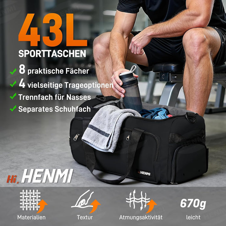 HENMI 43L Sporttasche & Reisetasche für Herren und Damen Groß gymbag mit Schuhfach & Nassfach, Faltbare Gym Tasche für Sport und Travel.Sport Tasche, Fitness Rucksack Trainingstasche