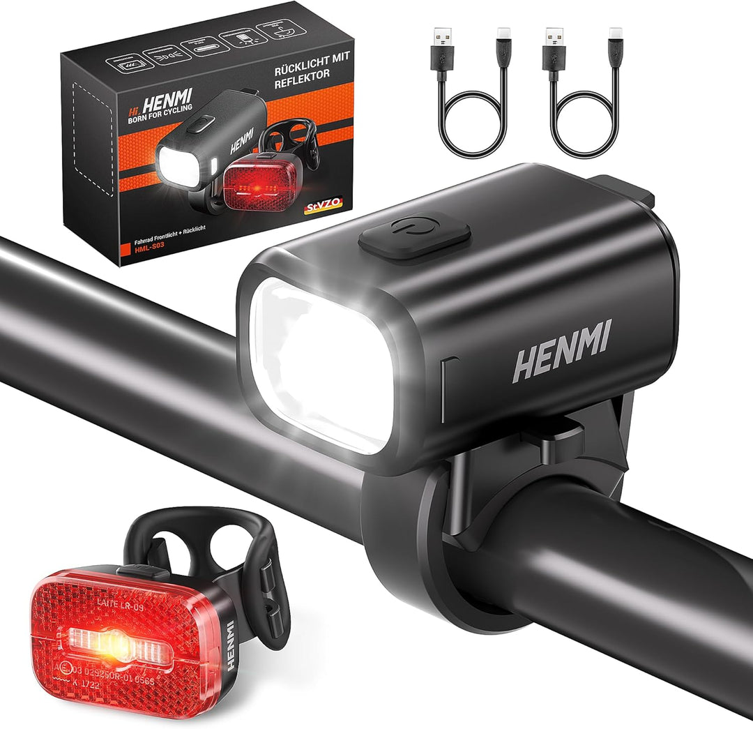 HENMI LED Fahrradleuchten Set, USB Aufladbar Fahrradlicht LED Set,Stvz
