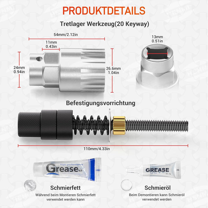 HENMI Fahrrad Tretlager Werkzeug Set,Fahrrad Innenlager Entferner mit Tretlager Fahrrad,20zähnen 24mm Innenlager Werkzeug kompatibel mit Schmieröl,Schmierfett und Verriegelungseinrichtung