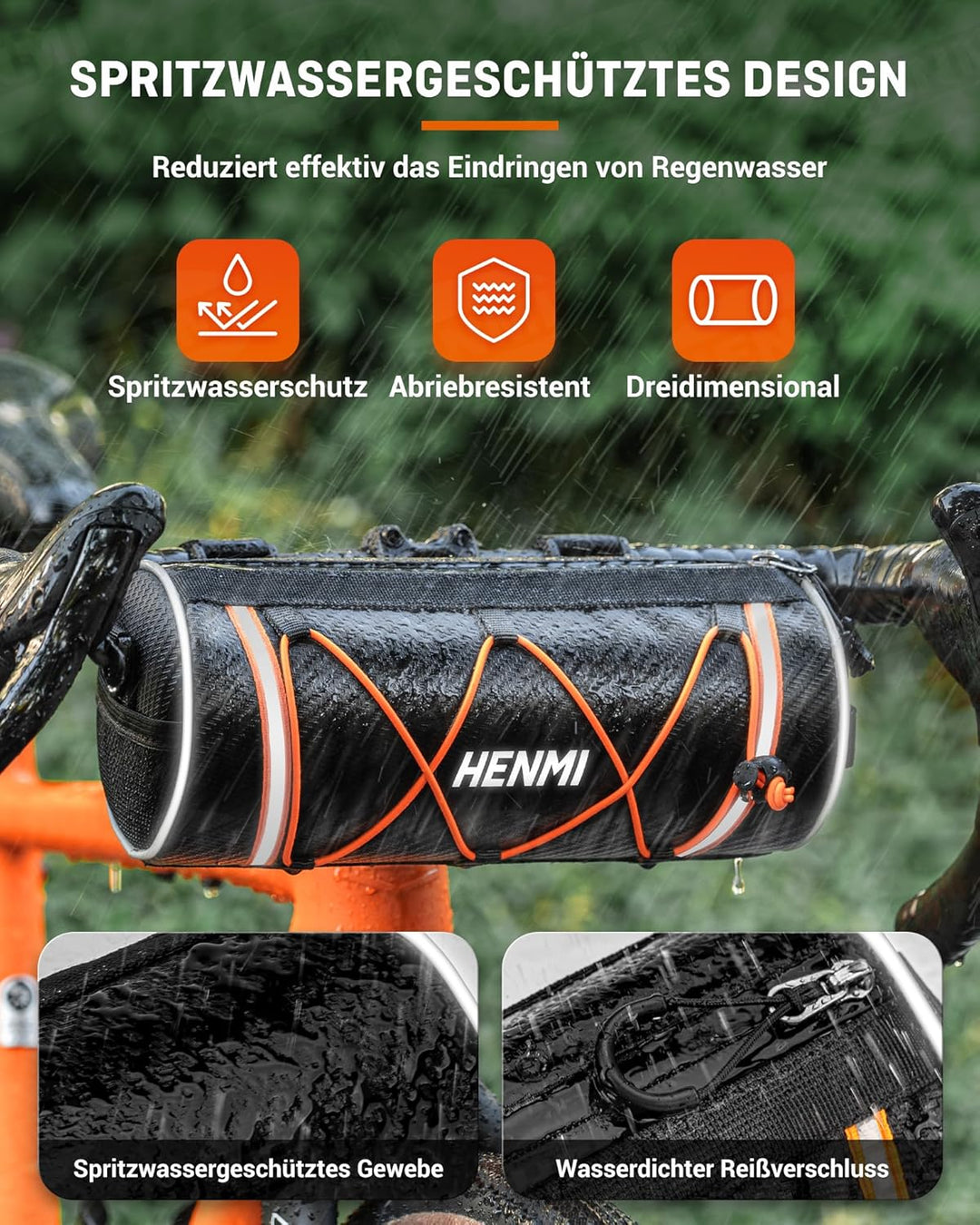 HENMI Lenkertasche Fahrrad Wasserdicht, Fahrradtasche Lenker für E-Bike, MTB, Rennrad, Lenkertasche Rennrad mit Schultergurt ca.2,4L (Orange)
