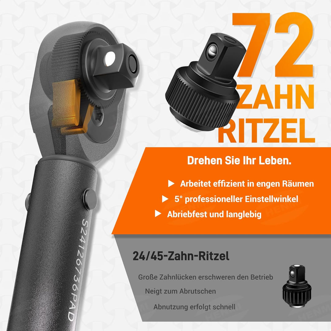 HENMI Drehmomentschlüssel Fahrrad 2-24 Nm, Drehmomentschlüssel 1/4 Zoll für Fahrrad & Motorrad, Torque Wrench Set mit 72 Zähne Ratsche, ±3% Fehlergenauigkeit, Inklusive 13 Bits & Verlängerungsstange