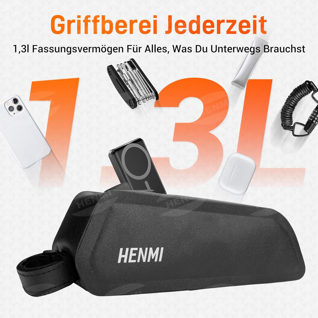 HENMI Oberrohrtasche Fahrrad, 1,3 L Fahrrad Rahmentasche Wasserdicht für Ebike, Mountainbike,Rennrad Fahrradzubehör
