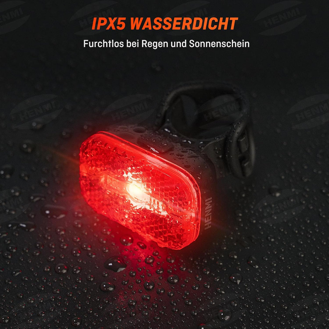 HENMI LED Rücklicht Fahrrad, IPX5 Wasserdicht Fahrrad Reflektor Hinten USB-C Aufladbar, StVZO zugelassen Fahrrad rücklicht mit bremslichtt für MTB, E-Bike, Rennrad