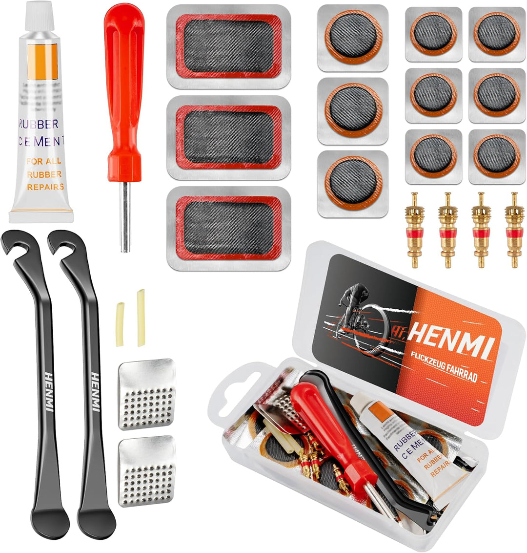 HENMI Fahrrad Flickzeug Set, Tragbar Flickset Fahrradreifen mit Reifenreparaturkleber, Patch, Metall Reifenheber, Ventilschlüssel, Ventileinsatz Kompatibel mit Allen Fahrradschläuchen 2024