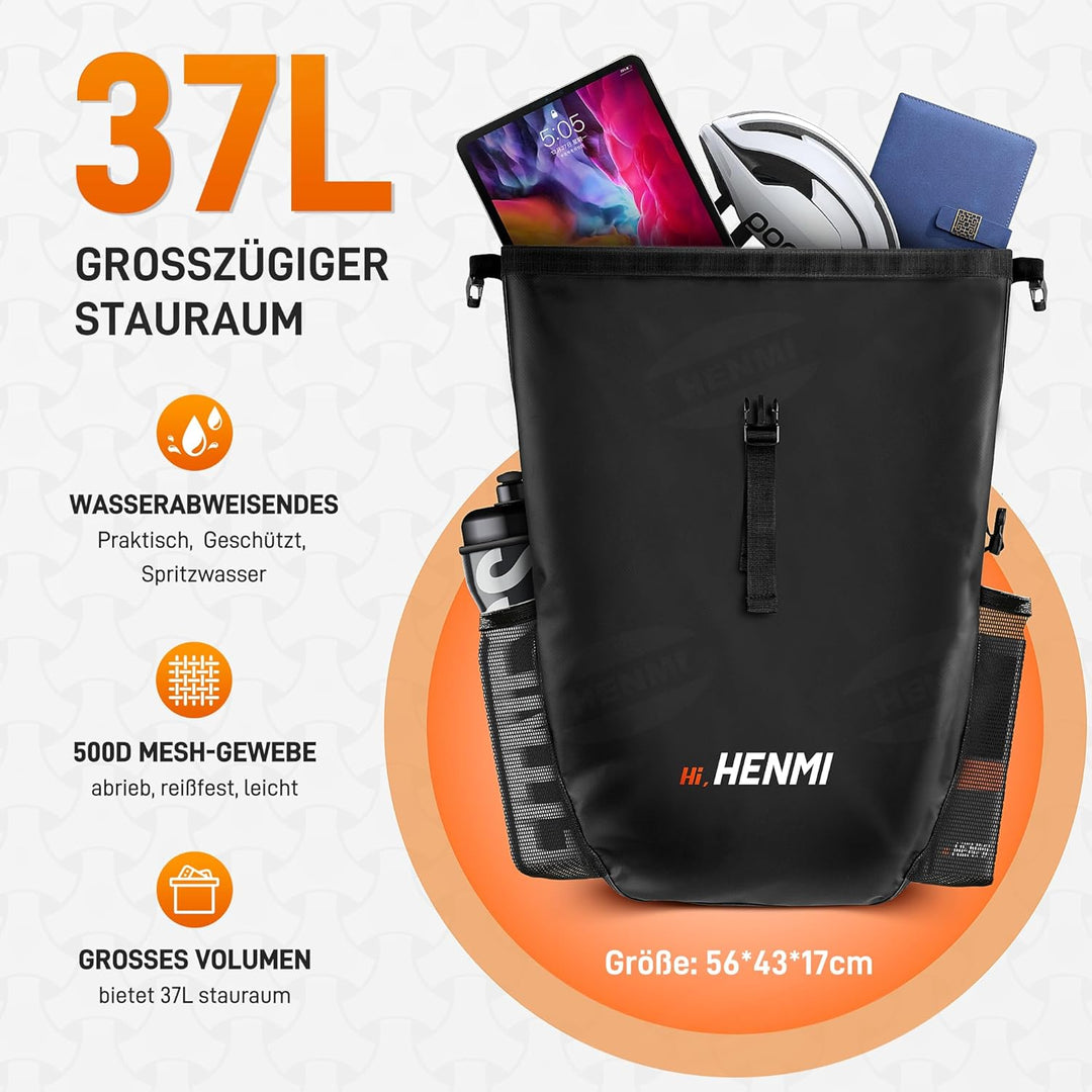 HENMI Fahrrad Gepäckträgertasche Wasserdicht, 37L Fahrradtaschen für Gepäckträger mit Tragegriff und Schultergurt, 3 in 1 Fahrradtasche Rucksack, Schwarz