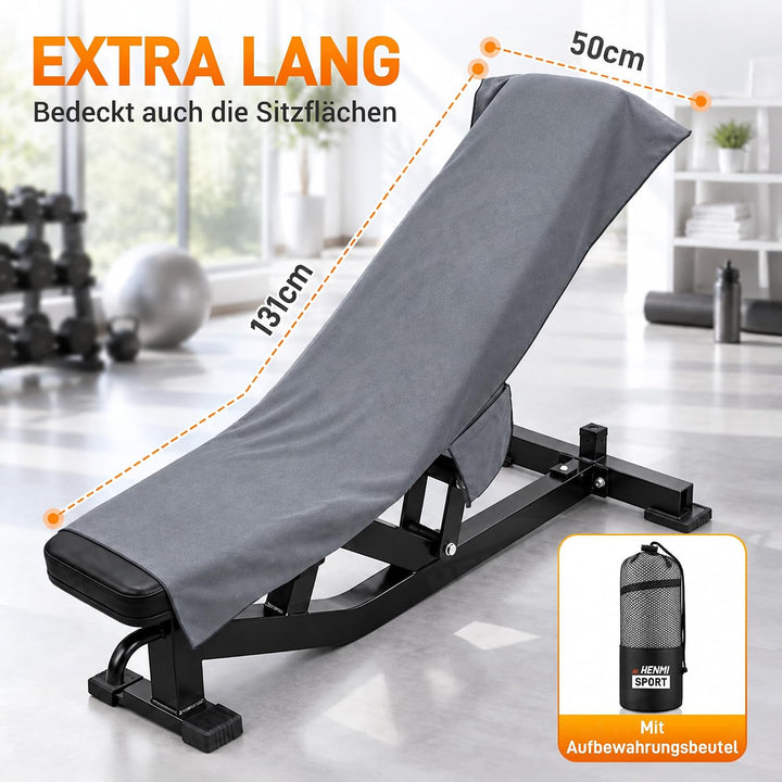 HENMI Fitness Handtuch Mikrofaser 131*50 cm Kompakt & schnelltrocknend, Reißverschluss, Seitentaschen, atmungsaktiver Netzbeutel – ideal fürs Fitnessstudio
