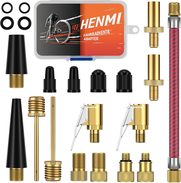 HENMI Fahrradventil Adapter Set, Alle Ventiladapter Fahrrad, Autoventil Adapter, Französisches ventil, Ballnadel, Kegelventil und Luftpumpe Adapter mit Sortierbox