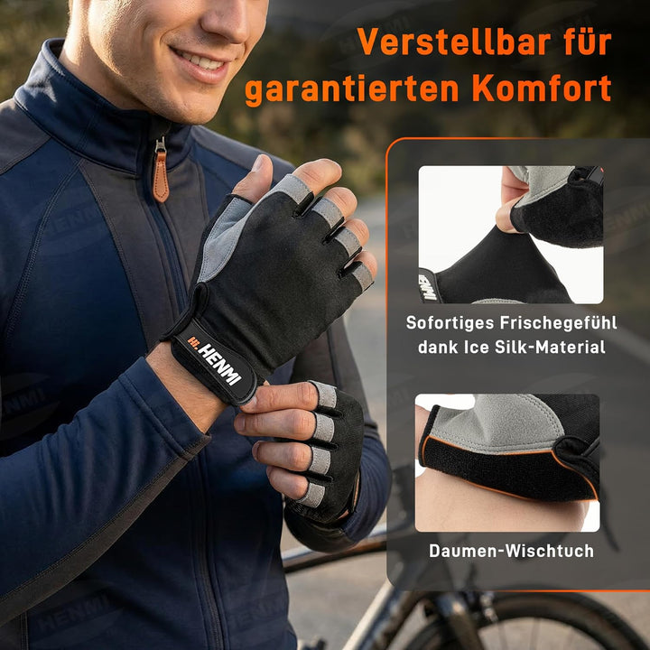 HENMI Fahrradhandschuhe Halbfinger Herren Damen, Atmungsaktiv MTB Handschuhe Radsporthandschuhe mit Polsterung Rutschfestem Grip für Radfahren, Fitness, Outdoor Sportarten