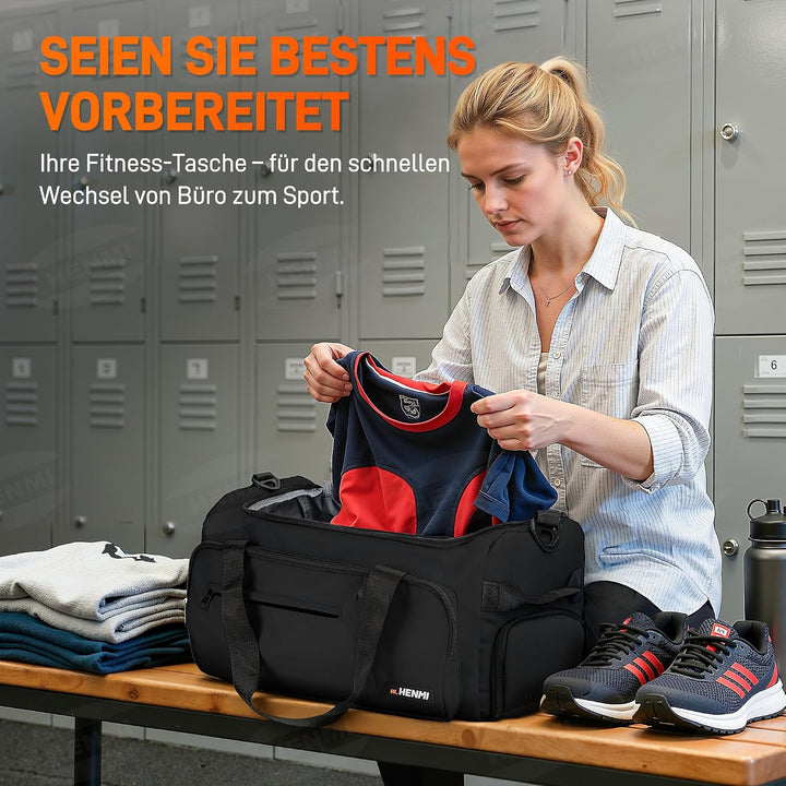 HENMI 43L Sporttasche & Reisetasche für Herren und Damen Groß gymbag mit Schuhfach & Nassfach, Faltbare Gym Tasche für Sport und Travel.Sport Tasche, Fitness Rucksack Trainingstasche