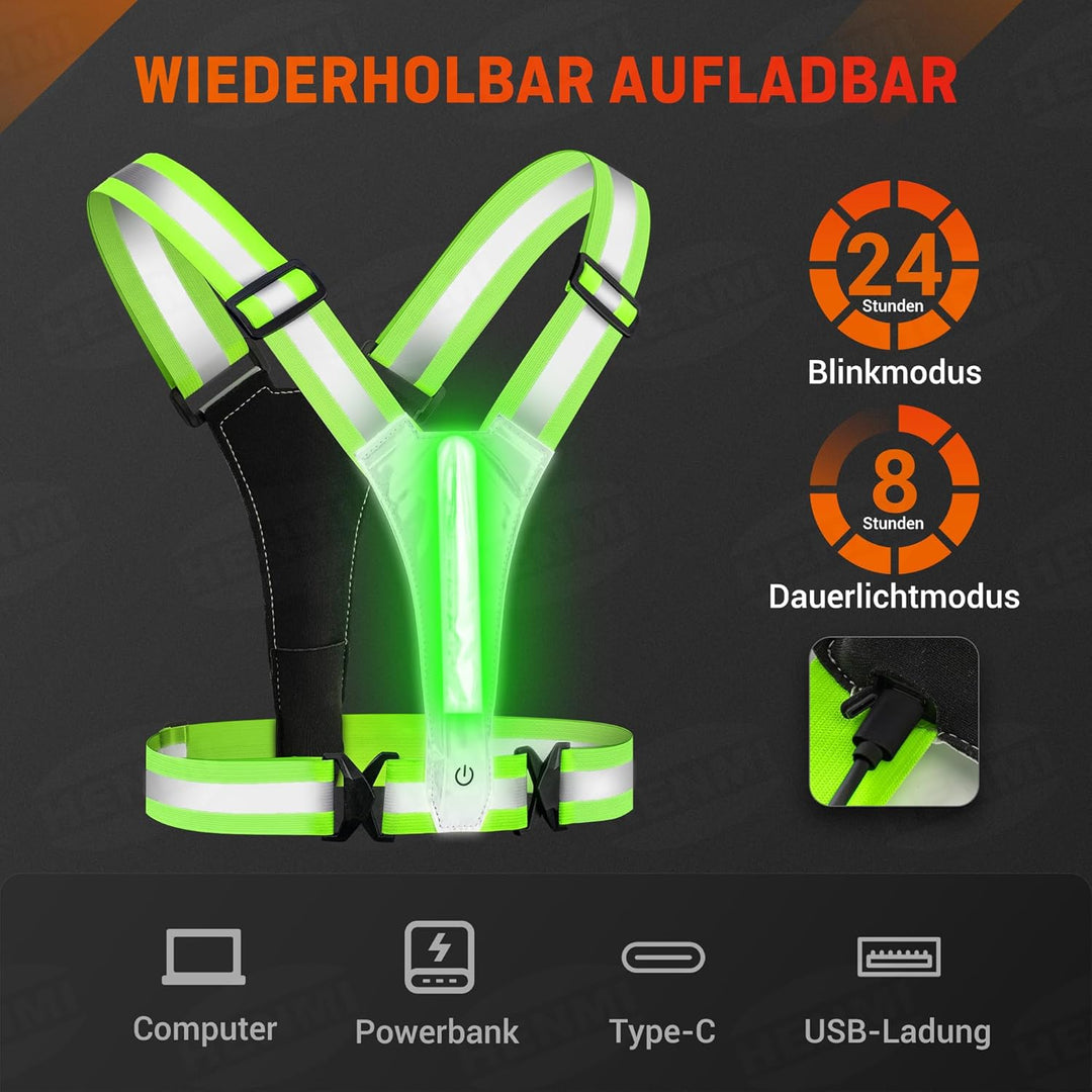 HENMI LED Warnweste mit 2 Reflektorbänder-Grün Fahrrad,Reflektoren Laufweste,Verstellbarer Elastische LED Leuchtweste für Radfahren oder Wandern Joggen Laufen Running