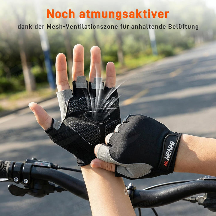 HENMI Fahrradhandschuhe Halbfinger Herren Damen, Atmungsaktiv MTB Handschuhe Radsporthandschuhe mit Polsterung Rutschfestem Grip für Radfahren, Fitness, Outdoor Sportarten
