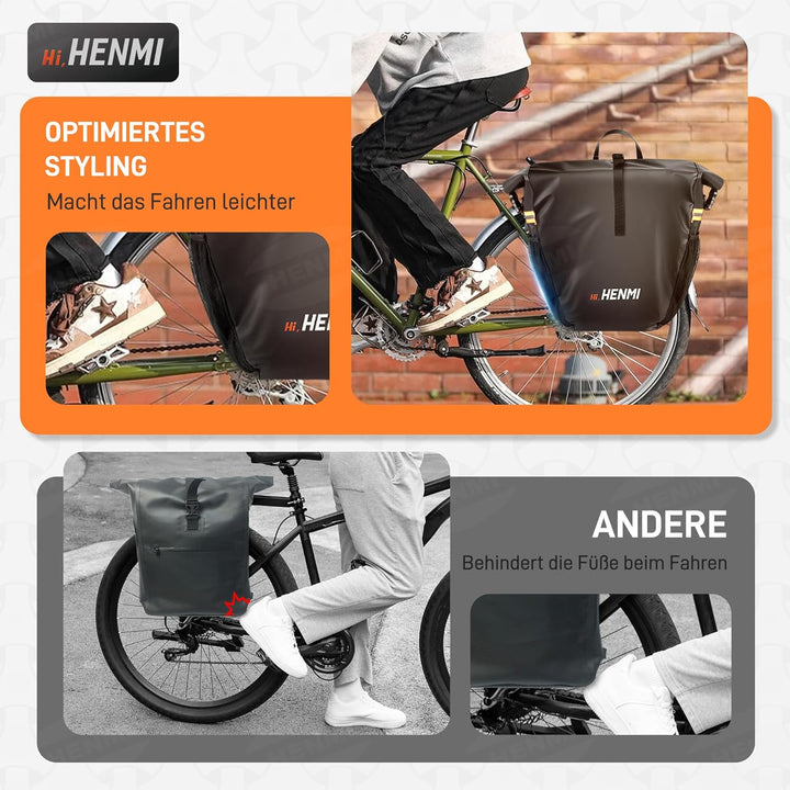 HENMI Fahrrad Gepäckträgertasche Wasserdicht, 37L Fahrradtaschen für Gepäckträger mit Tragegriff und Schultergurt, 3 in 1 Fahrradtasche Rucksack, Schwarz
