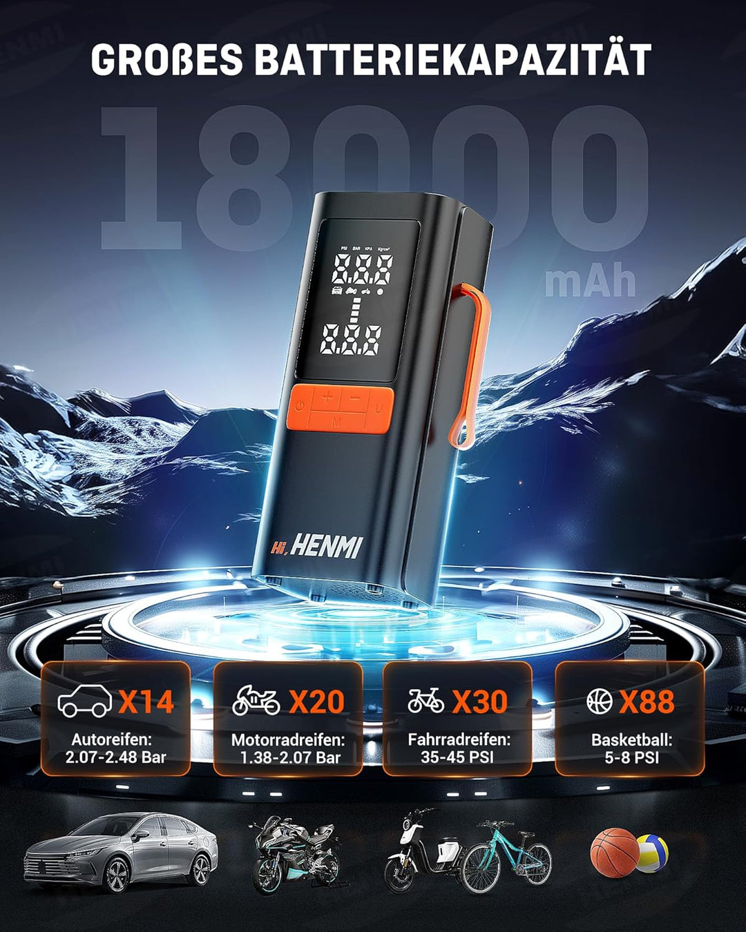 HENMI Elektrische Luftpumpe, Akku Luftpumpe Auto mit alle ventile (10