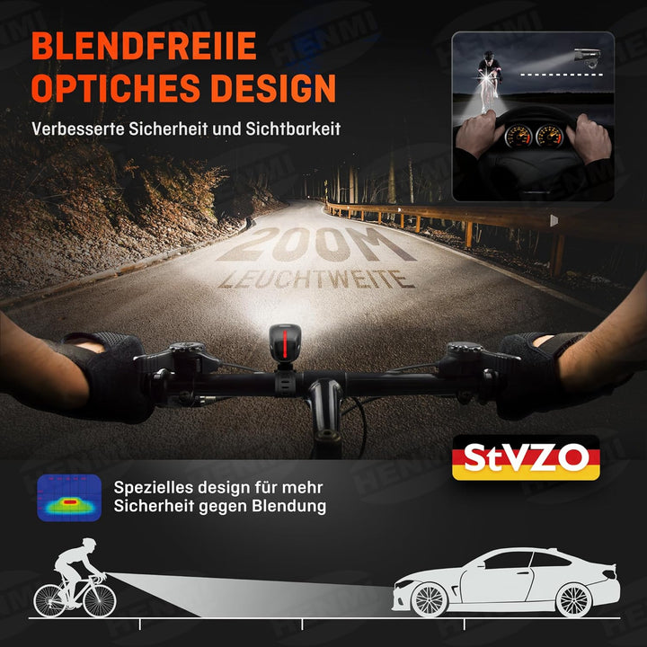 HENMI LED Fahrradlicht Vorne, StVZO Zugelassen Fahrradlampe Vorne, USB Aufladbar Fahrradbeleuchtung mit Batterie Aufforderung Schwach und 2/3 Beleuchtungsmodi,IPX5 Wasserdicht und Keine Blendu