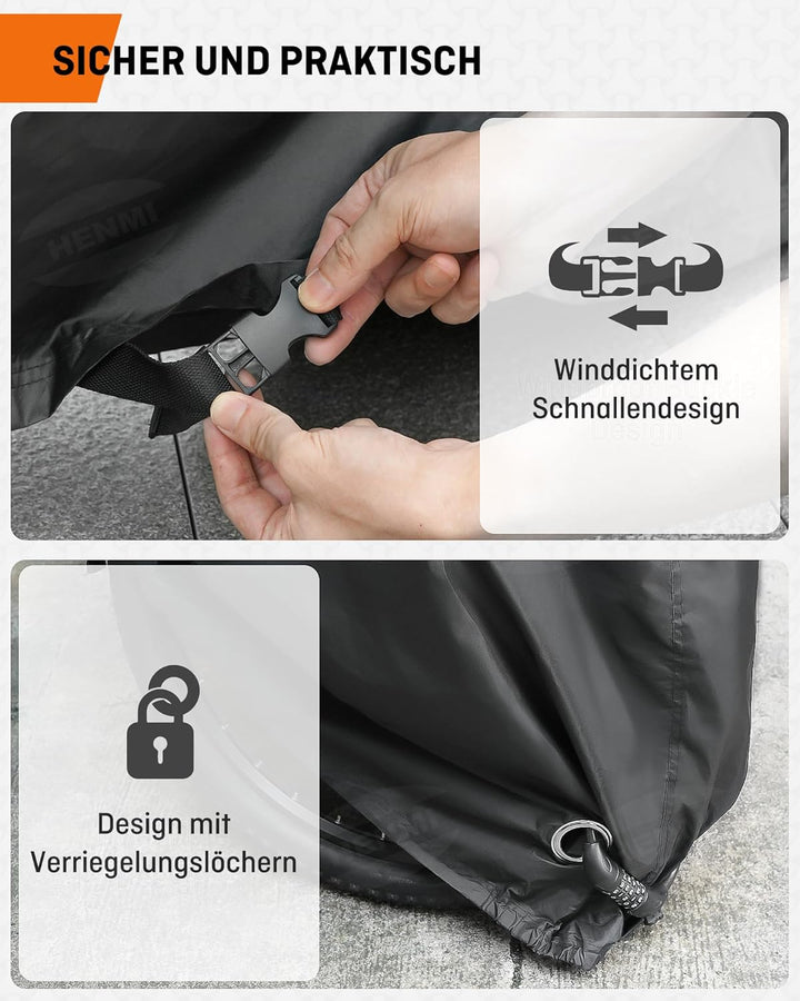 HENMI Fahrradabdeckung für 2 Fahrräder Wasserdicht 420D, Fahrradgarage Wetterfest mit Aufbewahrungstasche, UV-Schutz, Reißfest, Fahrradplane für E-bike, Holzpferd, Roller Motorroller (210x110x85 cm)