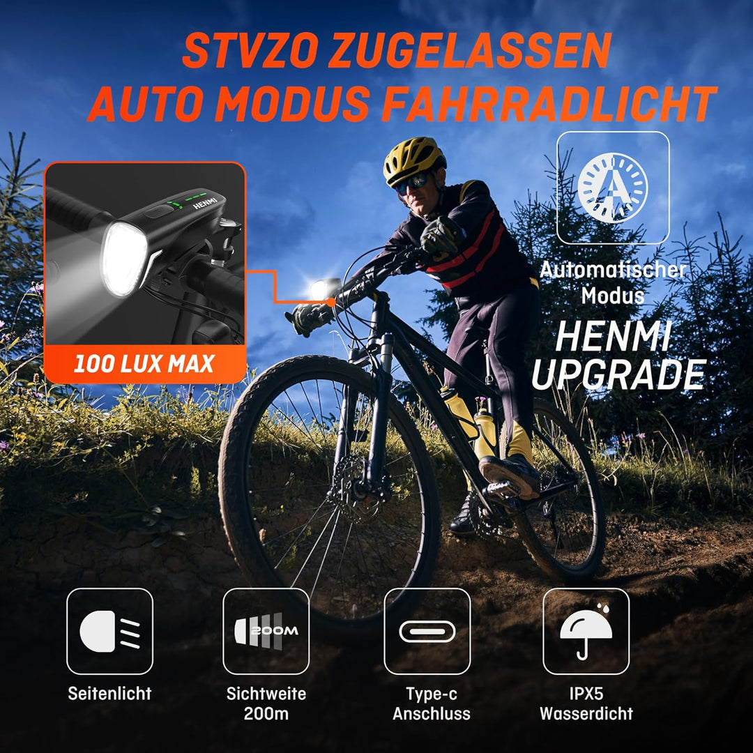 HENMI Fahrradlicht Vorne, StVZO Zugelassen Auto Fahrradlampe Vorne,USB Aufladbar Fahrrad licht Fahrradbeleuchtung 100 Lux mit 4 Beleuchtungsmodi,IPX5 Wasserdicht