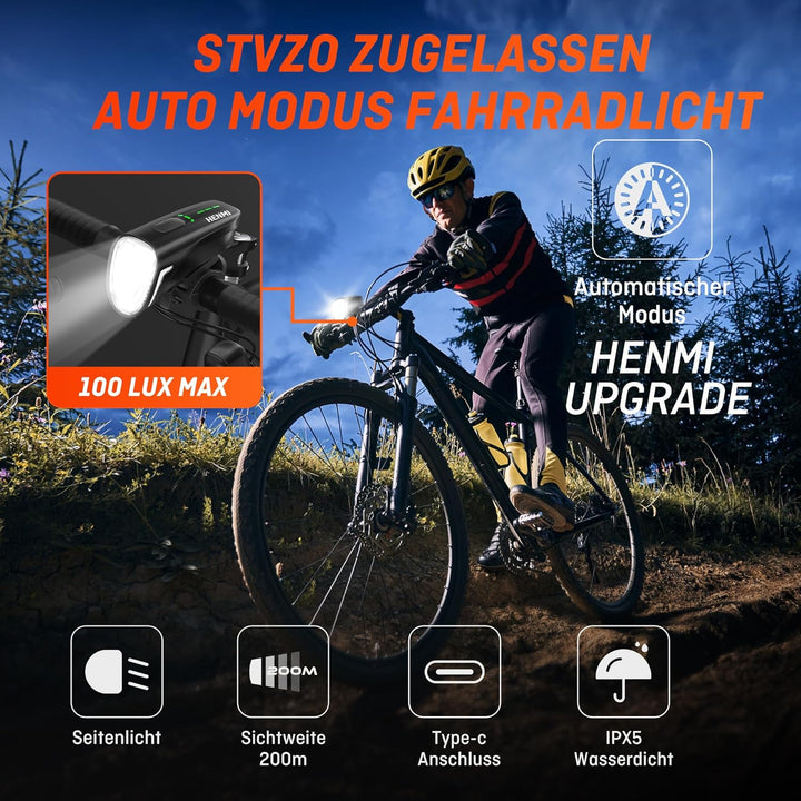HENMI Fahrradlicht Vorne, StVZO Zugelassen Auto Fahrradlampe Vorne,USB Aufladbar Fahrrad licht Fahrradbeleuchtung 100 Lux mit 4 Beleuchtungsmodi,IPX5 Wasserdicht