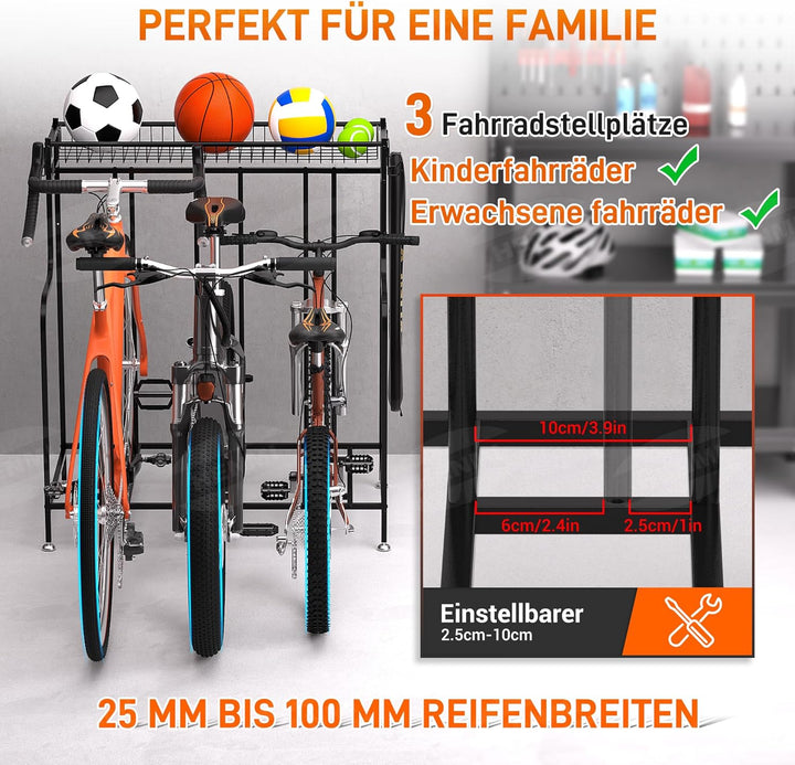 HENMI Fahrradständer mit 3 Fahrrad Ständer Stellplätze, Indoor-Fahrradaufbewahrung, Extra Breiten Korb, 2 Haken, Fahrradträger für Rennrad Ebike Mountainbike Kinderfahrrad