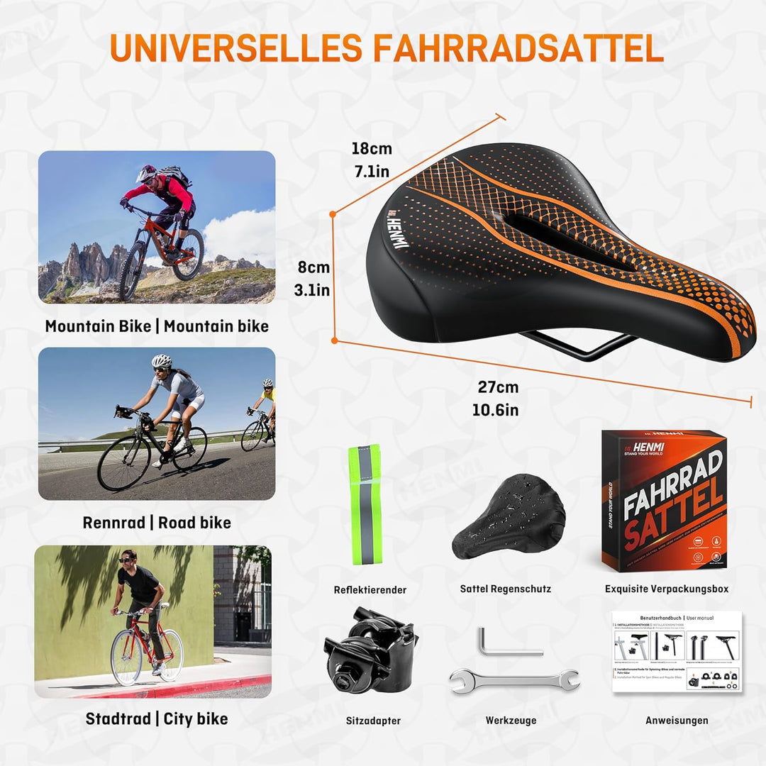 HENMI Fahrradsattel Herren Damen Weicher, Komfortabel Atmungsaktiv Stoßdämpfend Ergonomisch Fahrrad Sattel für Mountainbike MTB Trekking E-Bike Rennrad Fahrradsitz
