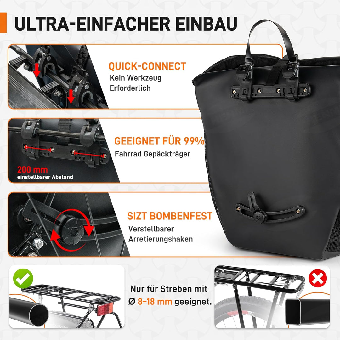 HENMI Fahrrad Gepäckträgertasche Wasserdicht, 37L Fahrradtaschen für Gepäckträger mit Tragegriff und Schultergurt, 3 in 1 Fahrradtasche Rucksack, Schwarz