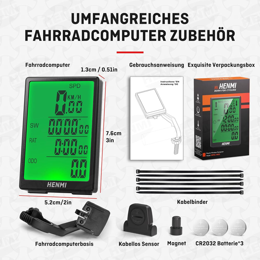 tacho kinderfahrrad kabellos HENMI Fahrradcomputer Kabellos, 3,2 Zoll Multifunktion Fahrradtacho Ka