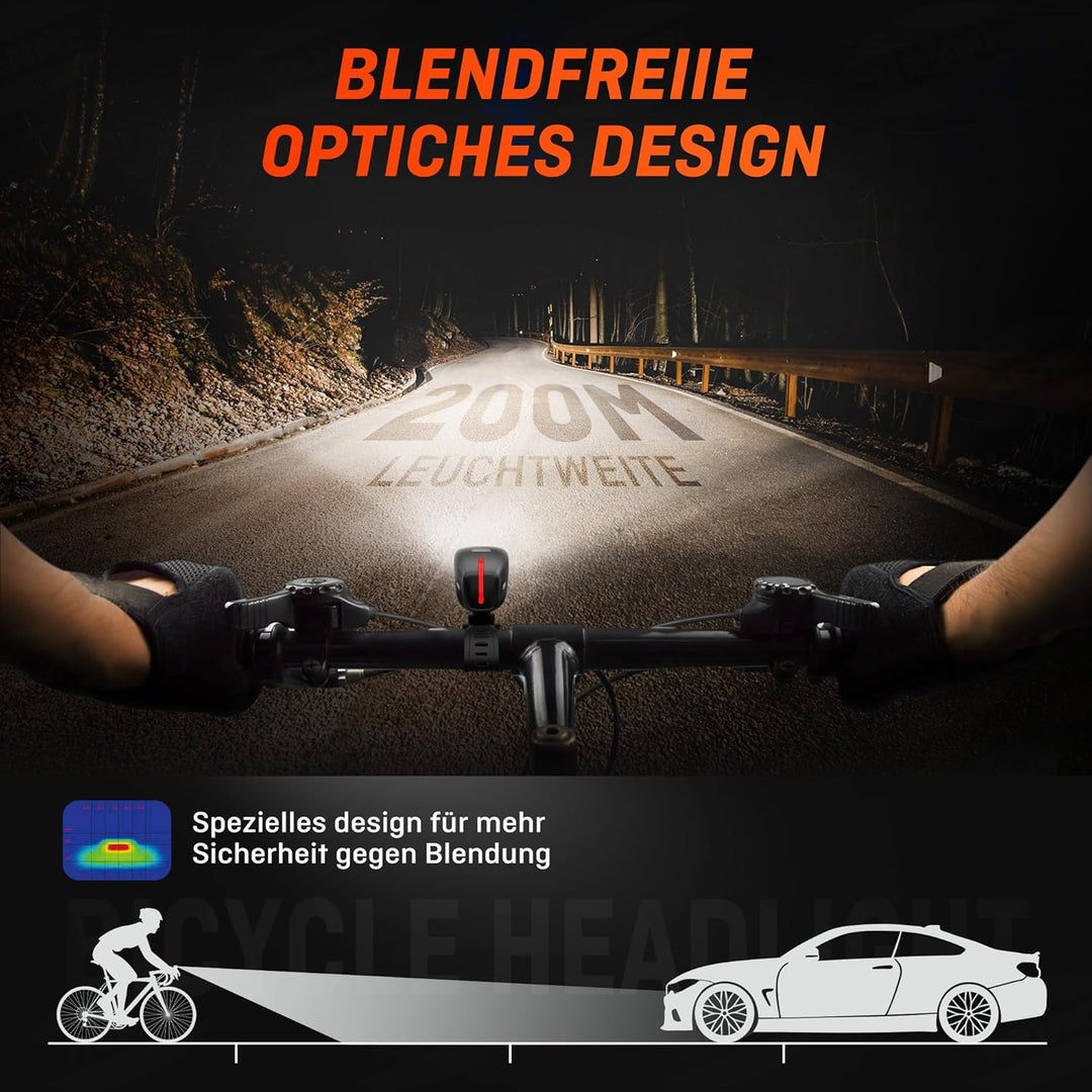 HENMI LED Fahrradlicht Vorne 100 LUX,Fahrradbeleuchtung stvzo zugelassen,Fahrradlampe USB Aufladbar mit Batterie Aufforderung schwach und 3 Leuchtmodi,IPX5 Wasserdicht und Blendfreies Design