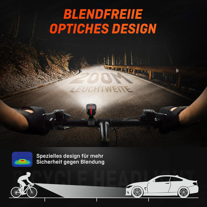 HENMI LED Fahrradlicht Vorne 100 LUX,Fahrradbeleuchtung stvzo zugelassen,Fahrradlampe USB Aufladbar mit Batterie Aufforderung schwach und 3 Leuchtmodi,IPX5 Wasserdicht und Blendfreies Design