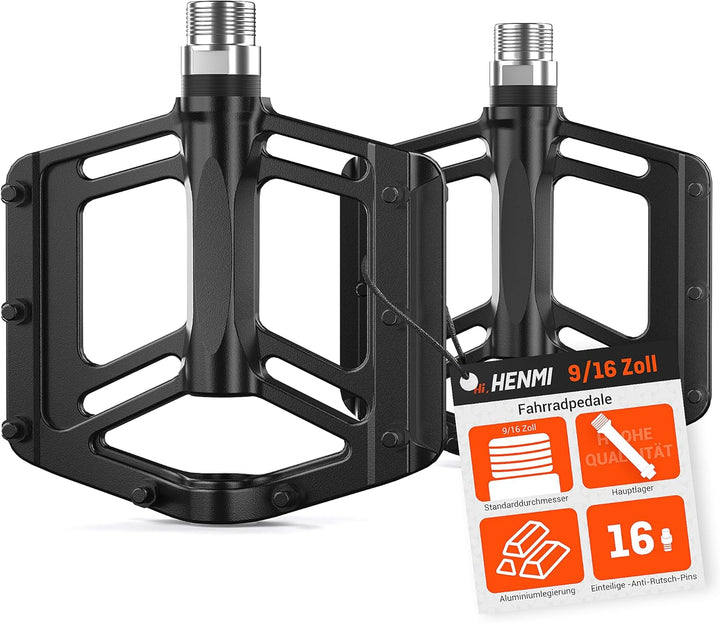 HENMI Fahrradpedale 9/16 Zoll Aluminium MTB Pedale mit Abgedichtete Lager Fahrrad Pedalen rutschfest Breites Plattformpedal für EBike, MTB, Rennrad, Trekking Pedale Universal